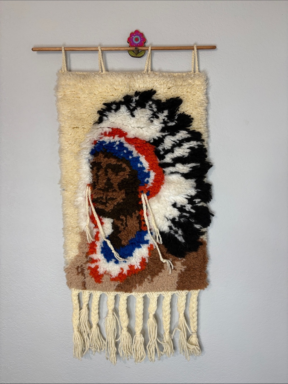 Native American Vintage Latch Hook Wall Hanging 70s